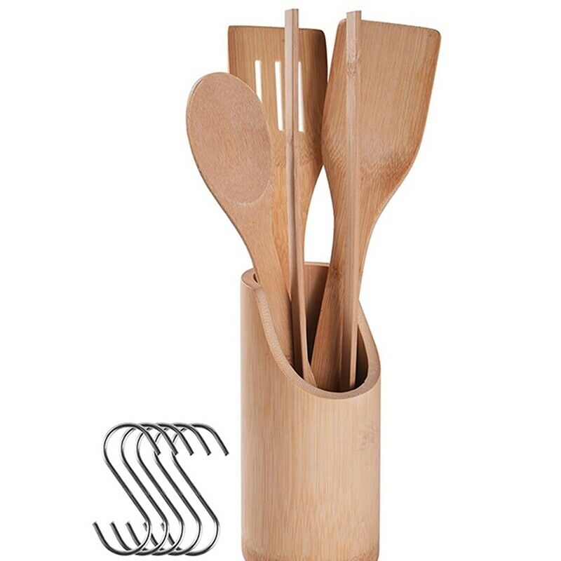 Bamboo Kitchen Utensils, Wooden Cooking Utensils with Holder, Wooden SpatulaL8W3