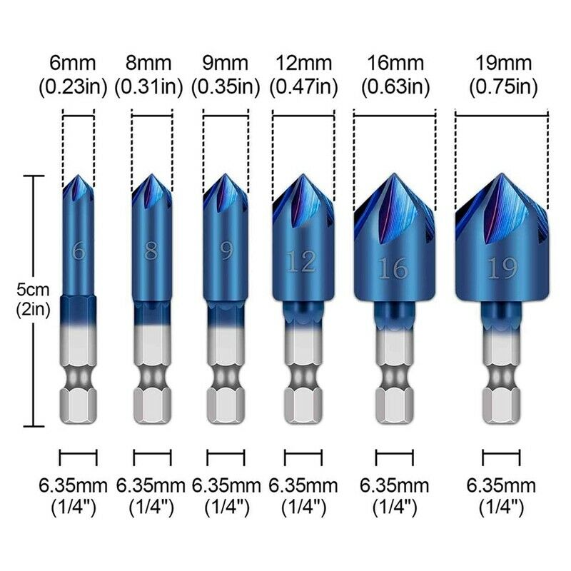 6Pcs 1/4Inch Hex Shank HSS Counter Sink Drill Bit 90 Degree 5 Flute Nano Blue Y1