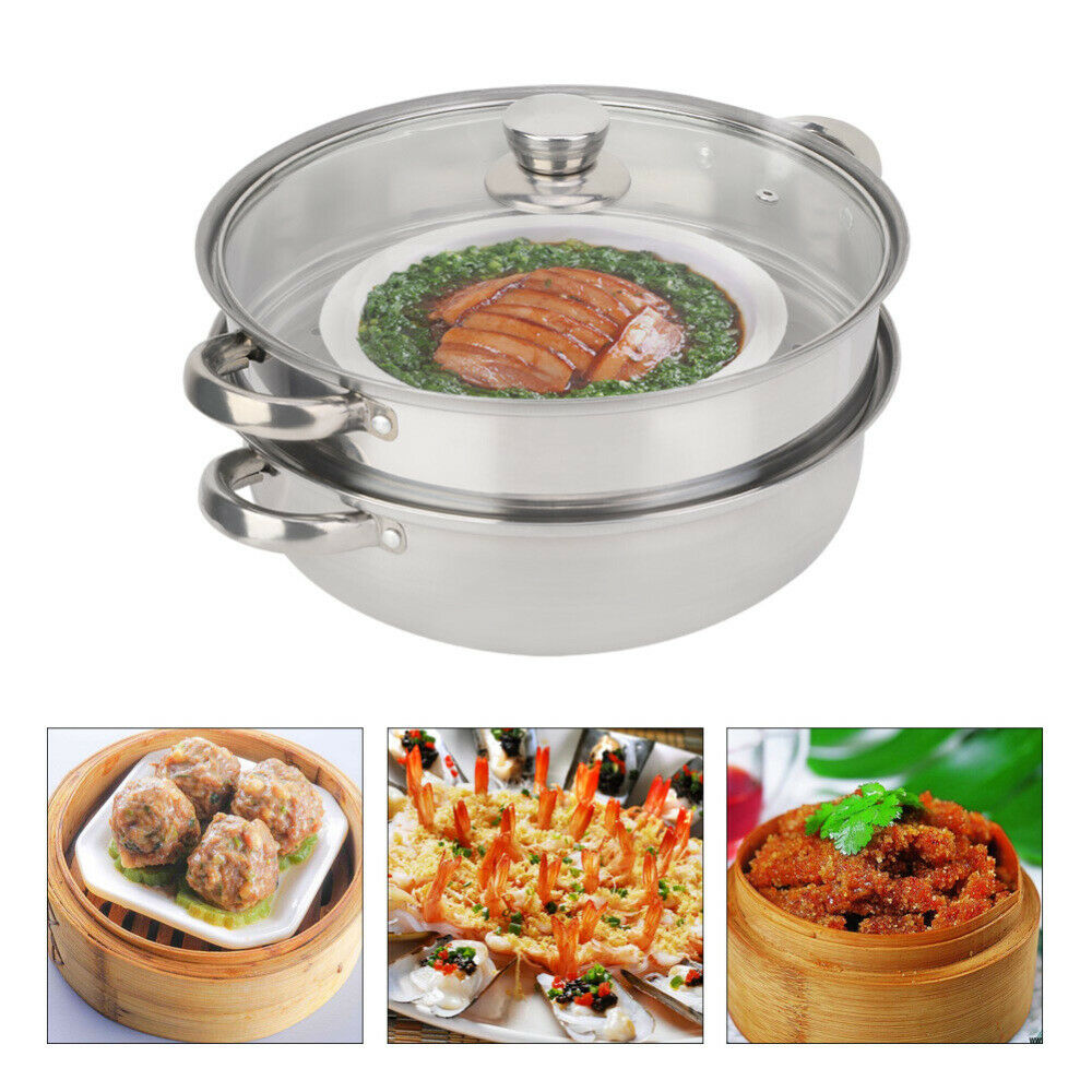 2-Layer Steamer Cooker Steam Pot Stainless Steel+Glass Lid Kitchen Cookware Tool