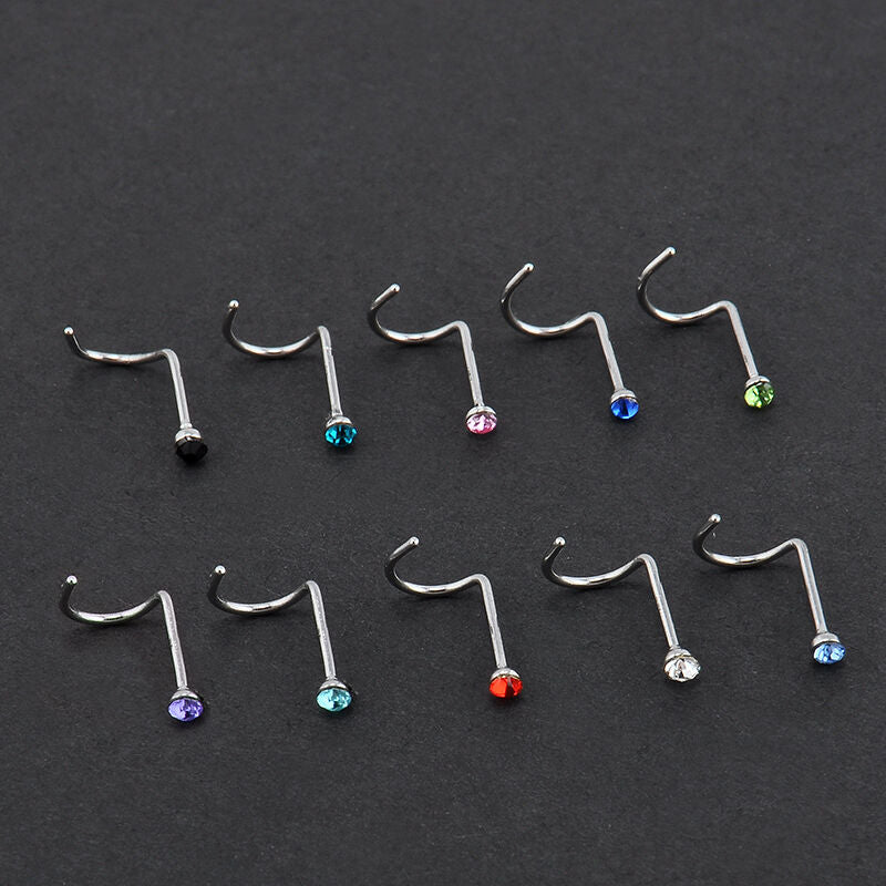 10x Rhinestone Piercing Screw Hoop Stainless Steel Nose Ring Studs Body Jewelry