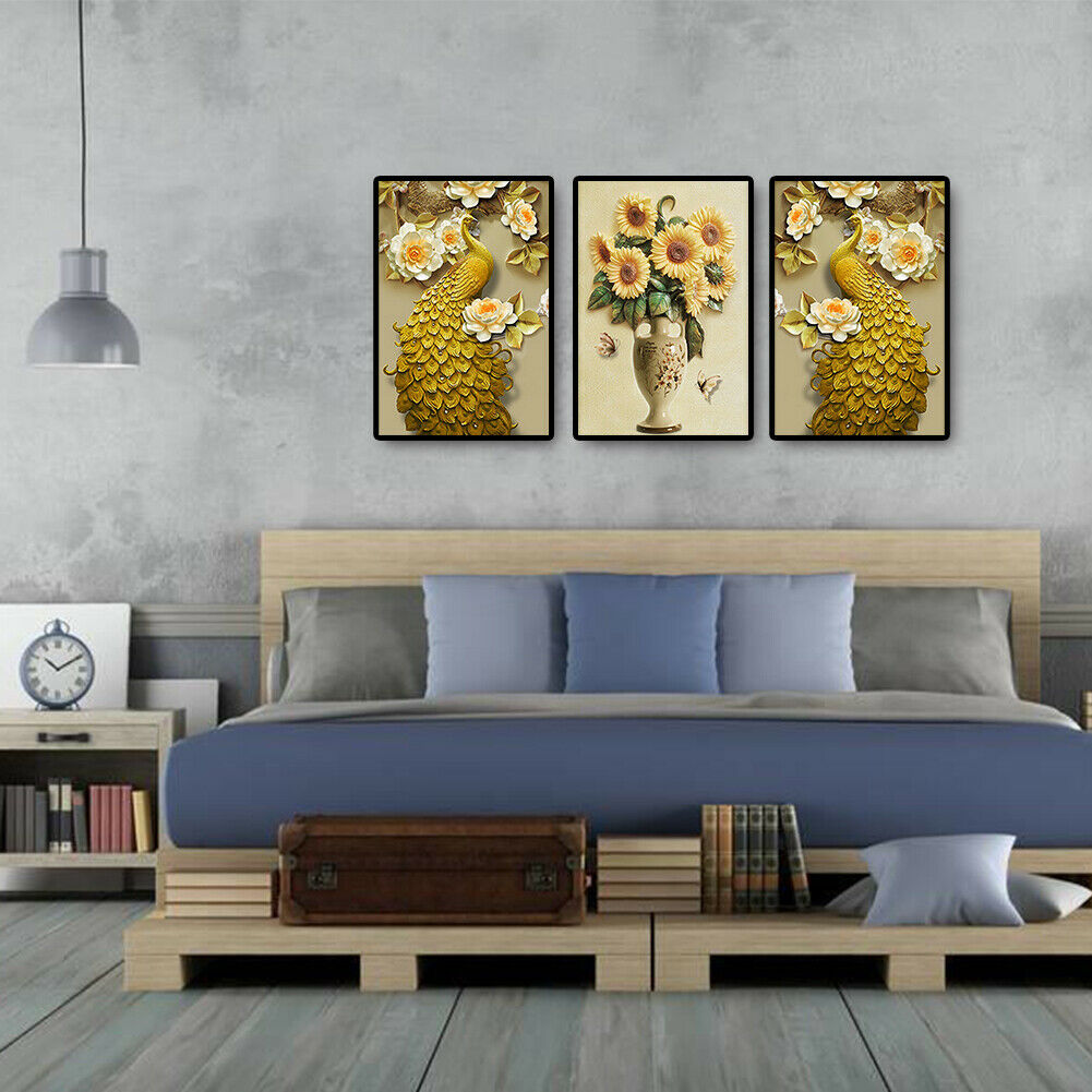 5D DIY Diamond Painting Golden Peafowl Flower Full Round Drill Embroidery  @