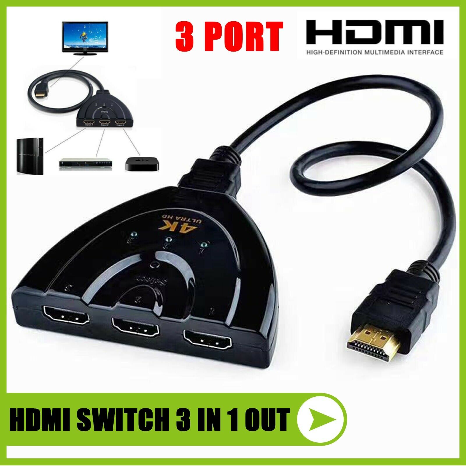 New 3 Port HDMI Splitter Cable 1080P Switcher HUB Adapter for HDTV PS4 Xbox