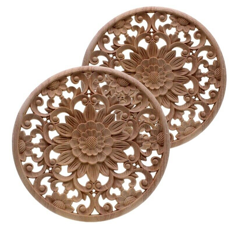 Carved Flower Carving Round Wood Appliques For Furniture Cabinet Unpainted WooF3