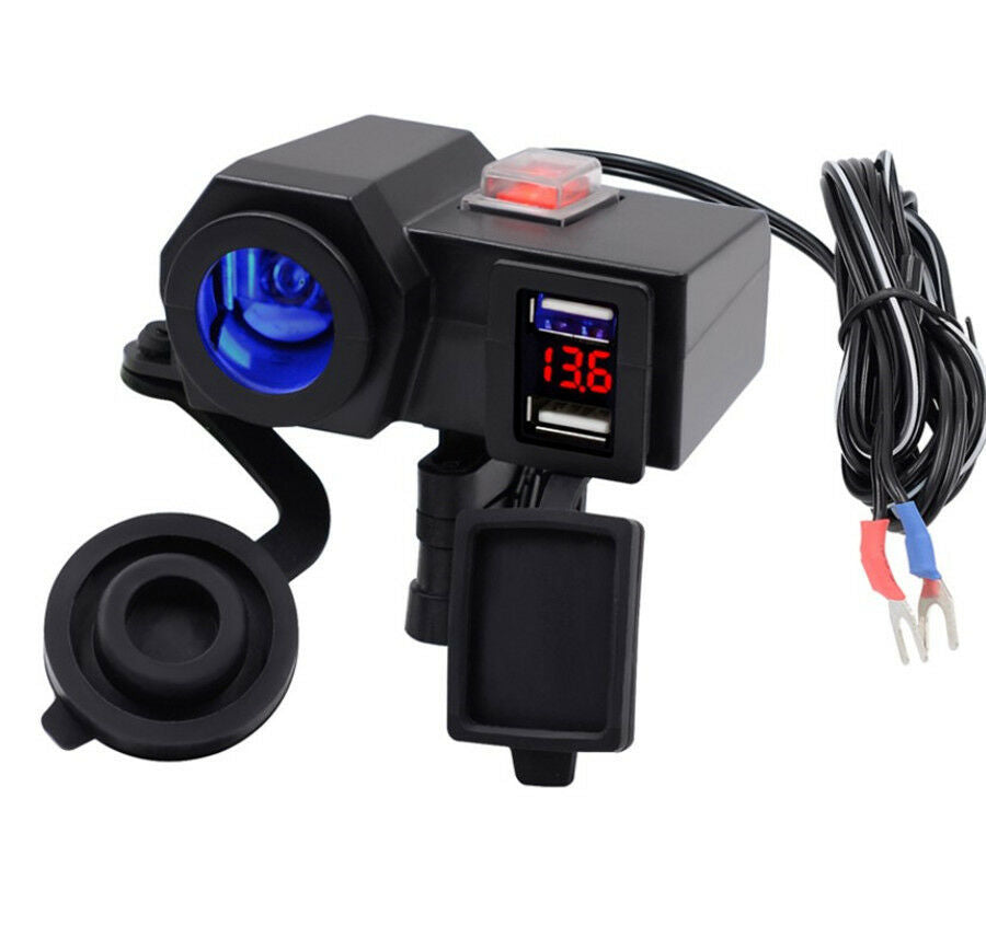 Motorcycle 12V Dual USB Power Port Charger Blue LED Adapter Cigarette Lighter
