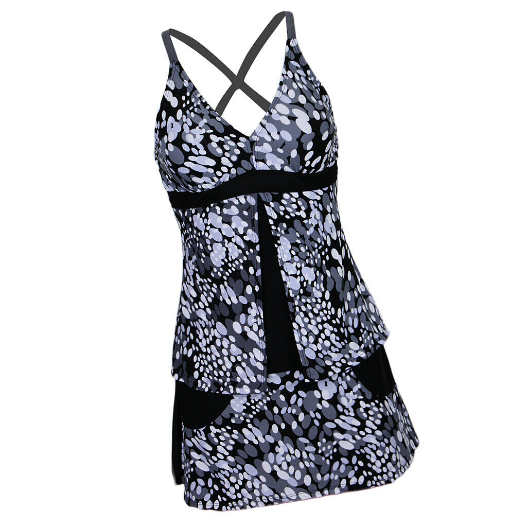 Women Oval Print Two Piece Tankini Top Skirt Bottom Swimsuit Beachwear 3XL