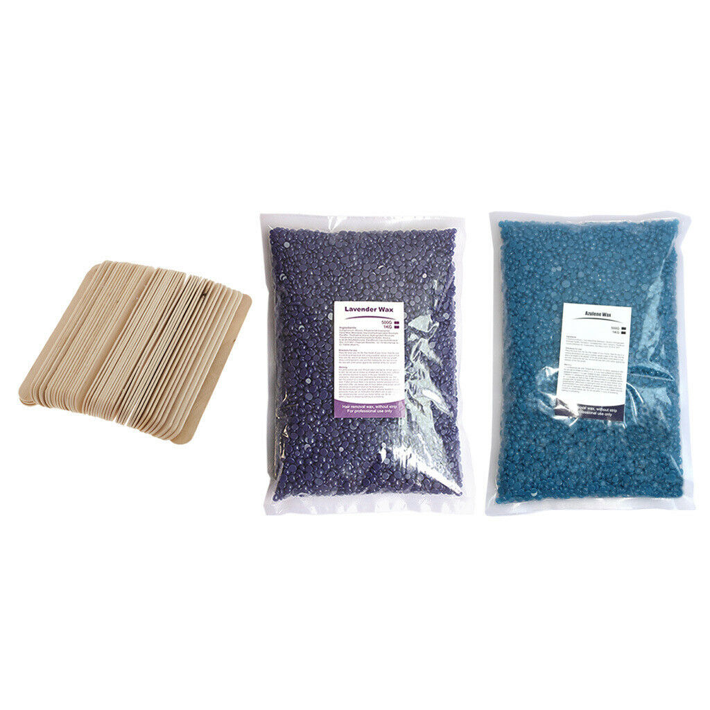 2Pcs Depilatory Hot Hard Wax Beans Beads Body Hair Removal + Wood Sticks