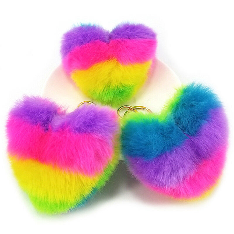 Rainbow Heart Key Chain Pompom Ball Keychain Fluffy Bag Keyring Xmas G.l8