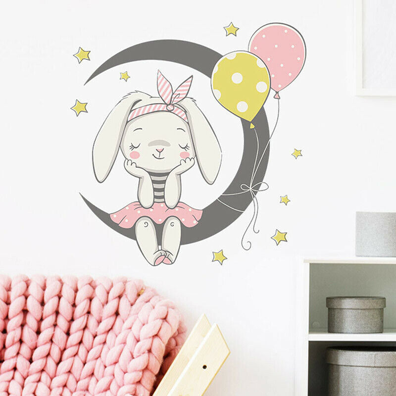 Cartoon Moon Bunny Wall Stickers Paper Kids Room Home Decor Background St.l8