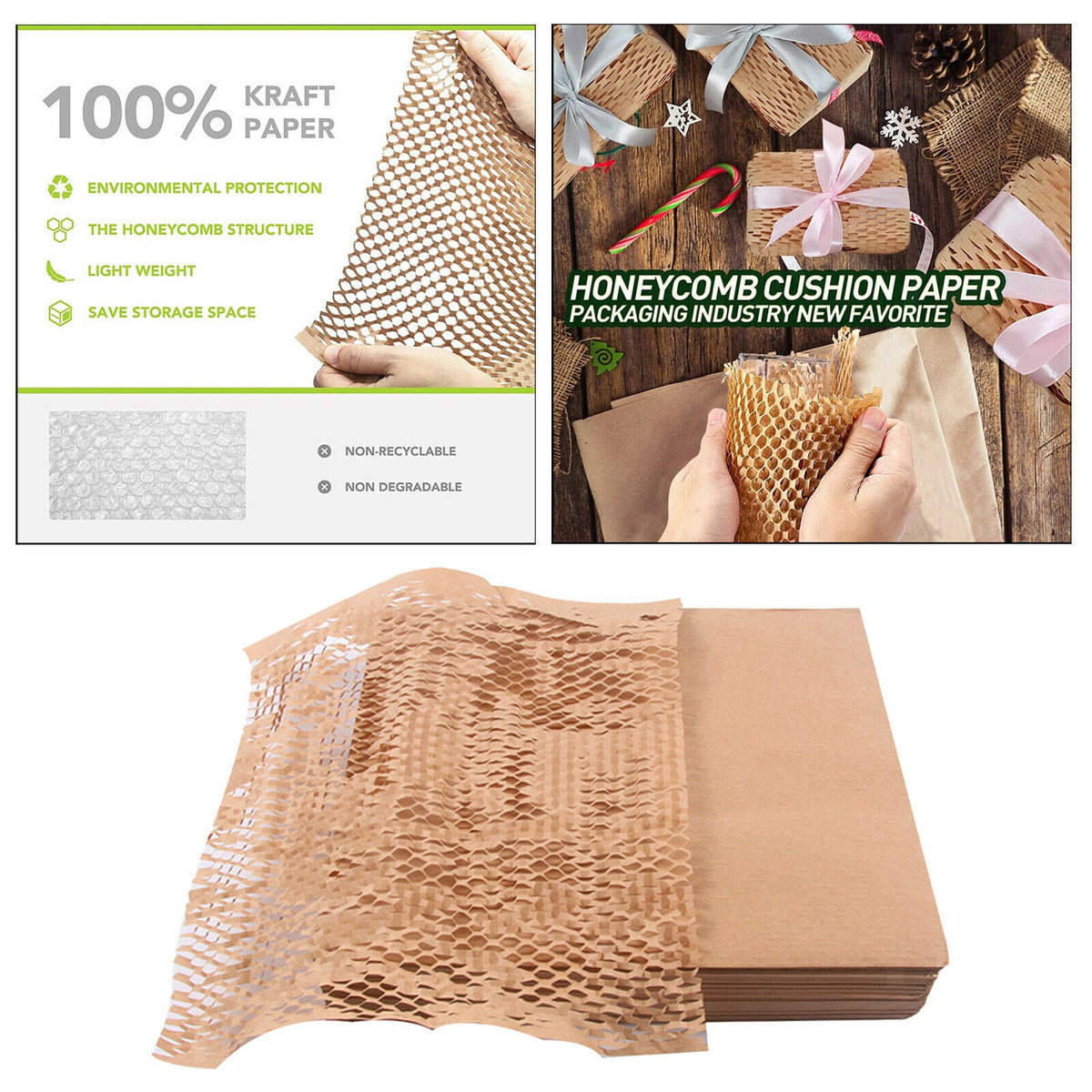 100 Sheets Honeycomb Padding Paper, Eco-Friendly Bubble Kraft Paper Wrapping for