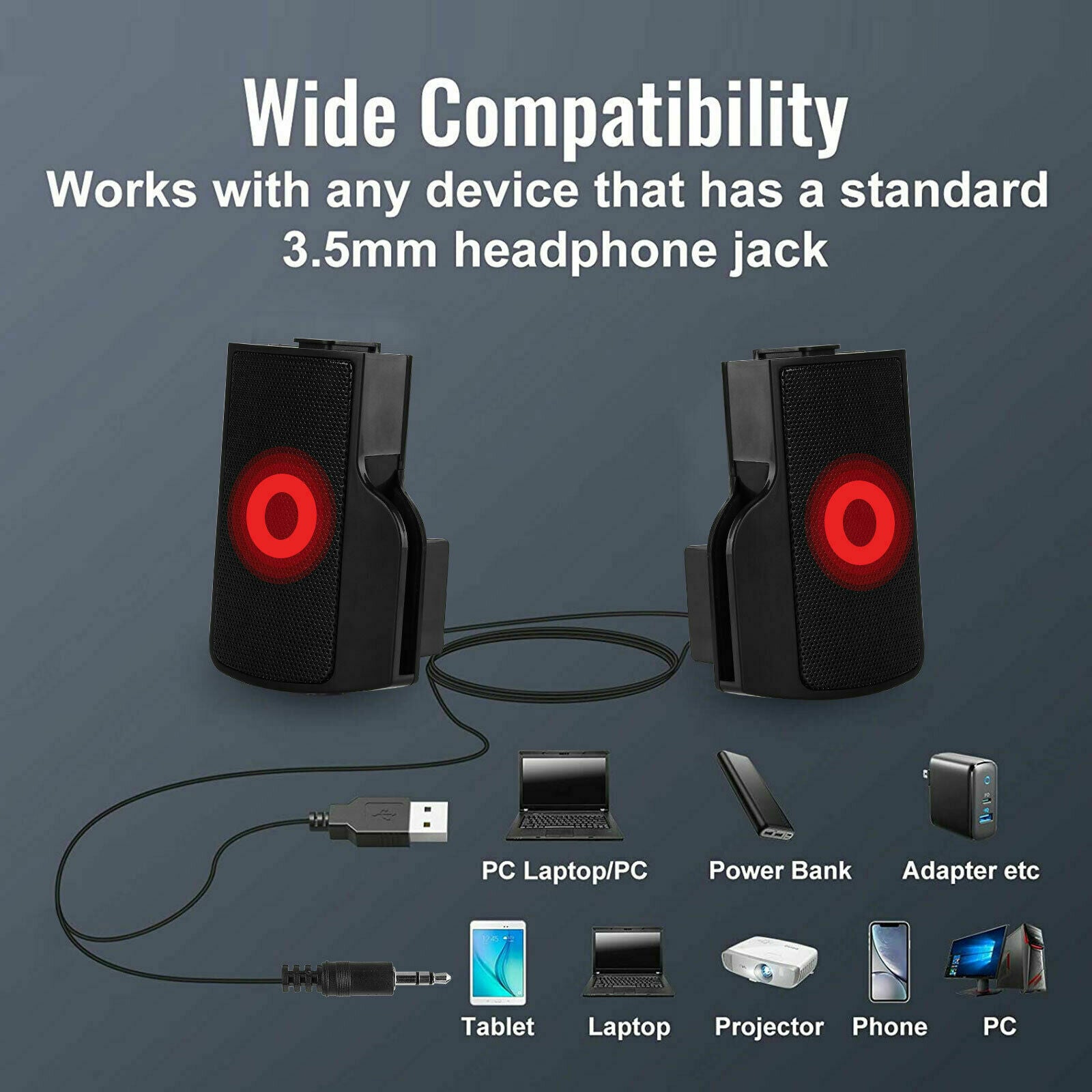 USB Power Speakers Clip-On Computer Stereo Sound Bar 3.5mm for Desktop PC Laptop