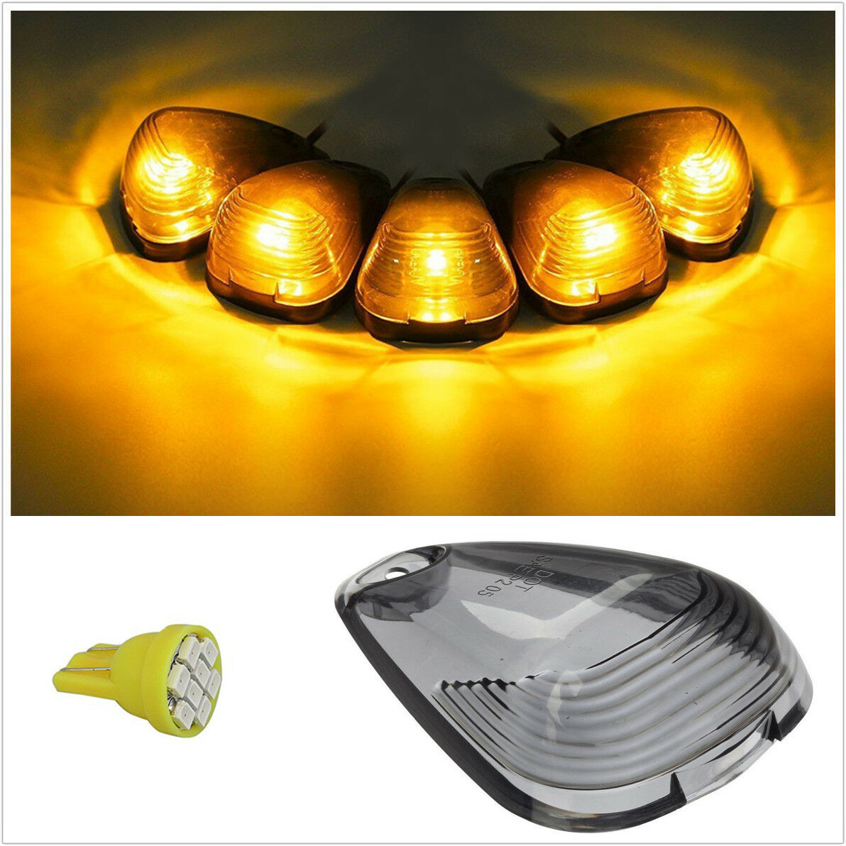 5x Led Smoke Cab Roof Light Cover+5 Bulb Fit for 1999-2011 Ford F250 F350 Pickup
