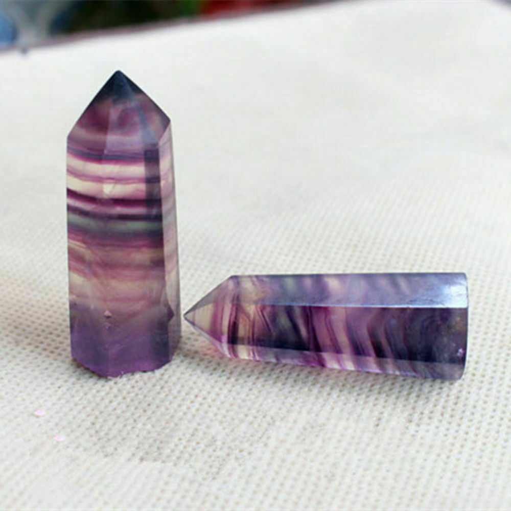 US 50g 50-60MM Natural Colorful Fluorite Quartz Crystal Wand Point Healing Stone