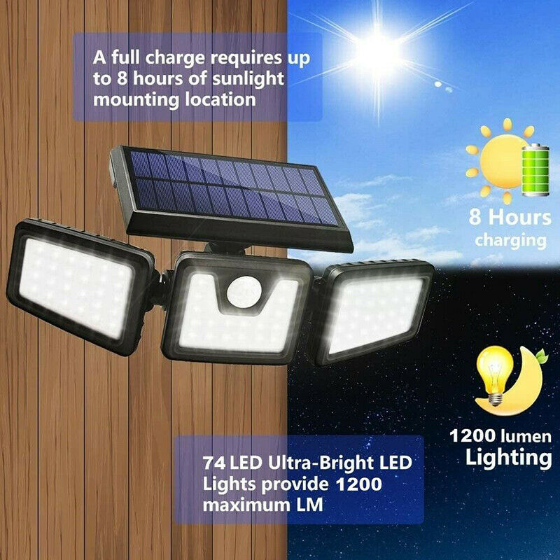 74LED 3 Heads Outdoor Solar Motion Sensor Flood Light Garden Pathways Wall Lamp