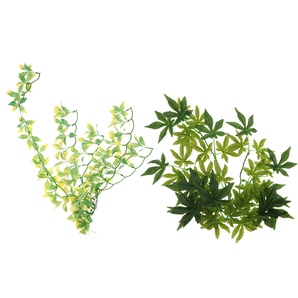 Set of 2, Plastic Green Leaves Reptile Artificial Plants Vines Landscaping