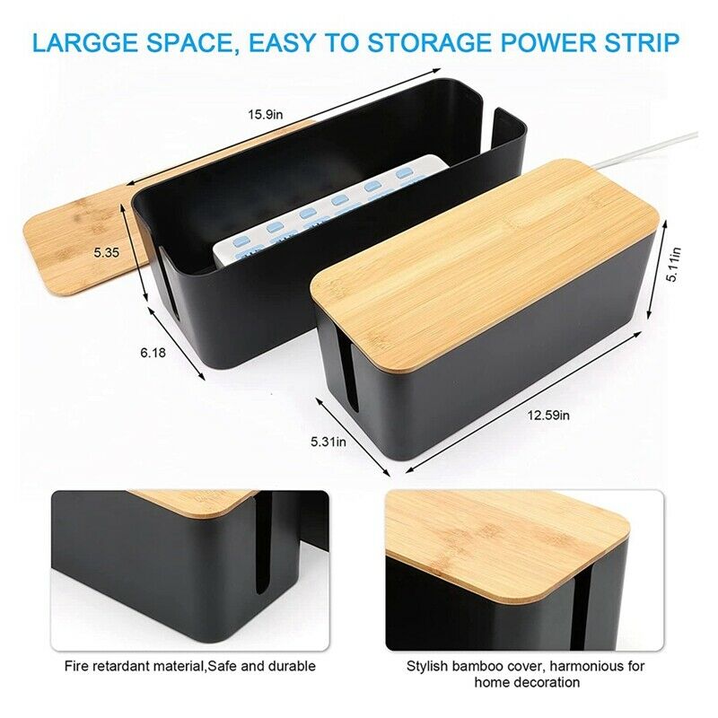 2 Pack Cable Management Box Large & Medium Bamboo Cable Cord Organizer Box forO2