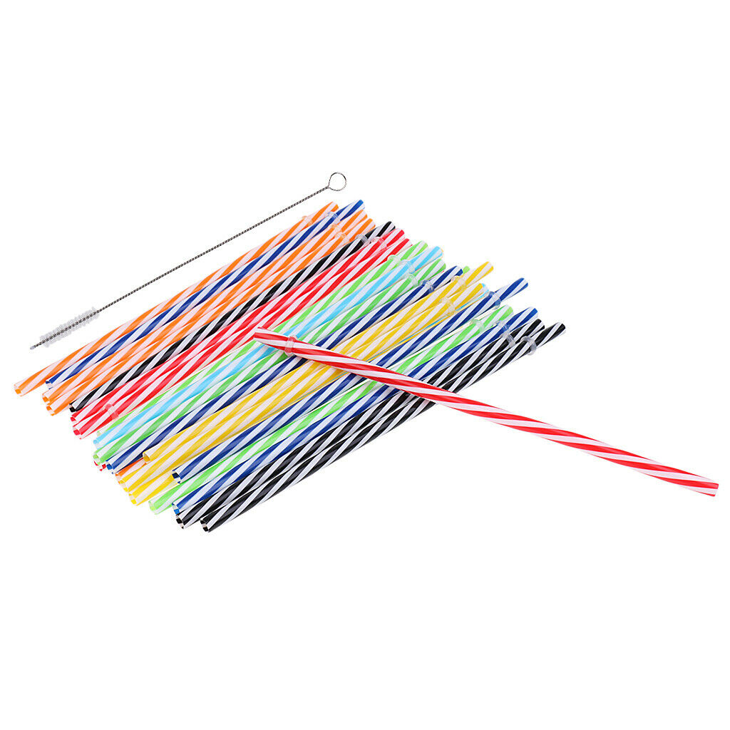 25x Reusable Hard Plastic Drinking Stripe Straws+Cleaning Brush Party Decor