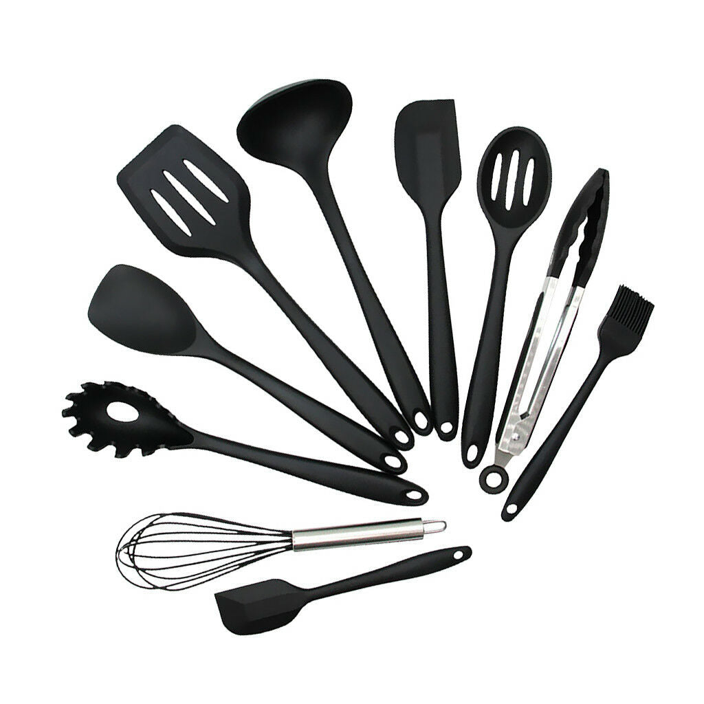 Household Silicone Cooking Kitchen Utensil Tools Spoon Spatula Black 10pcs