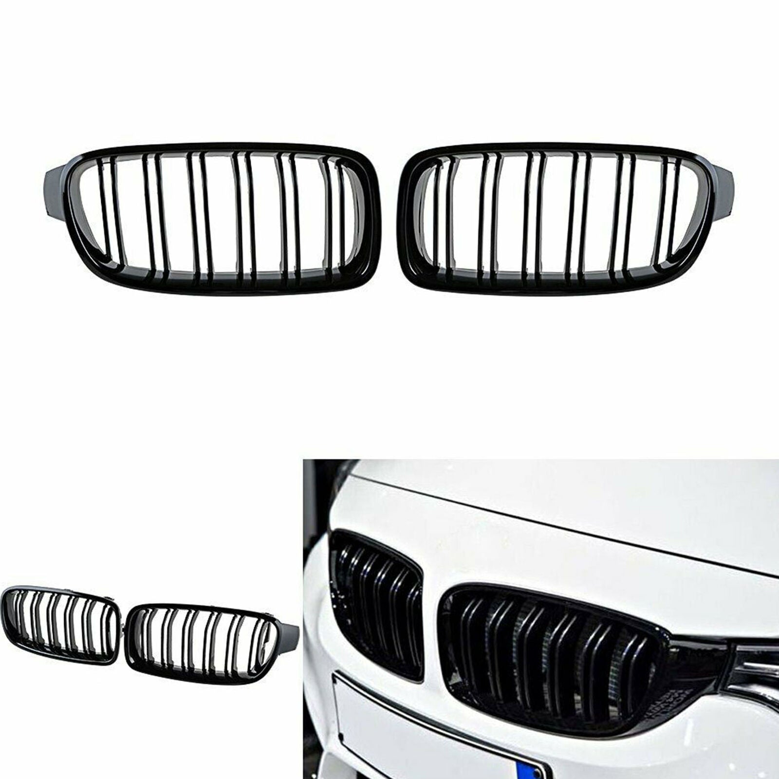 Front Bumper Kidney Grill Grille For BMW F30 F31 F35 3 Series Gloss Black 2 Line