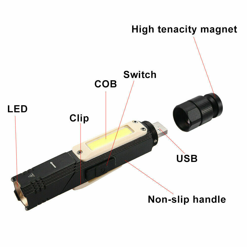 USB Rechargeable Magnetic Work Flashlight Light LED COB Torch Headlight Camping