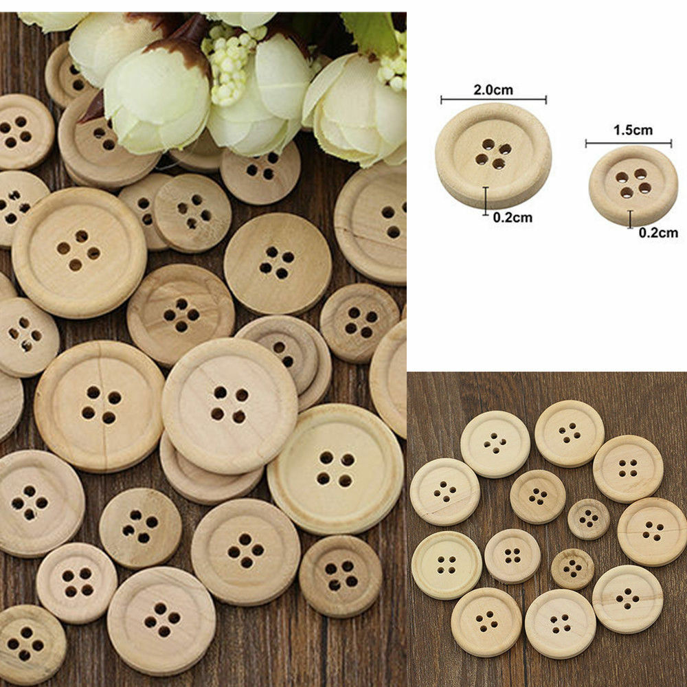 50x Mixed DIY Wooden Buttons Natural Color Round 4-Holes Sewing Scrapbooking