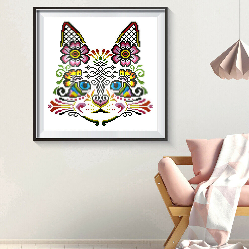 Stamped Print Embroidery Needlework DIY Flower Cat Beaded Cross Stitch Kits @