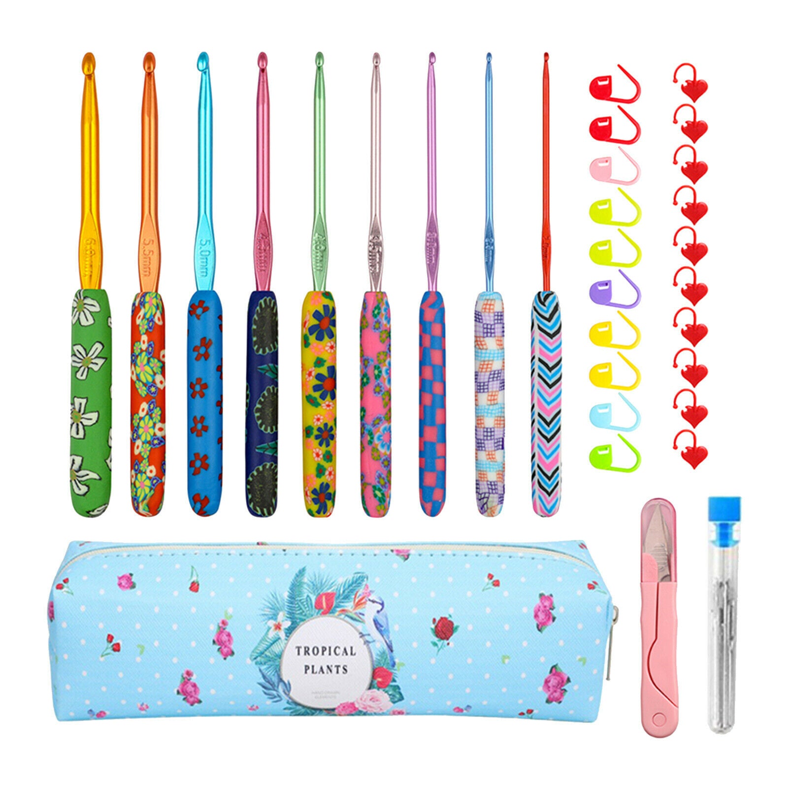 Crochet Hooks Set, 9 Pieces 2mm-6mm Soft Pottery Handles Yarn Knitting Needles