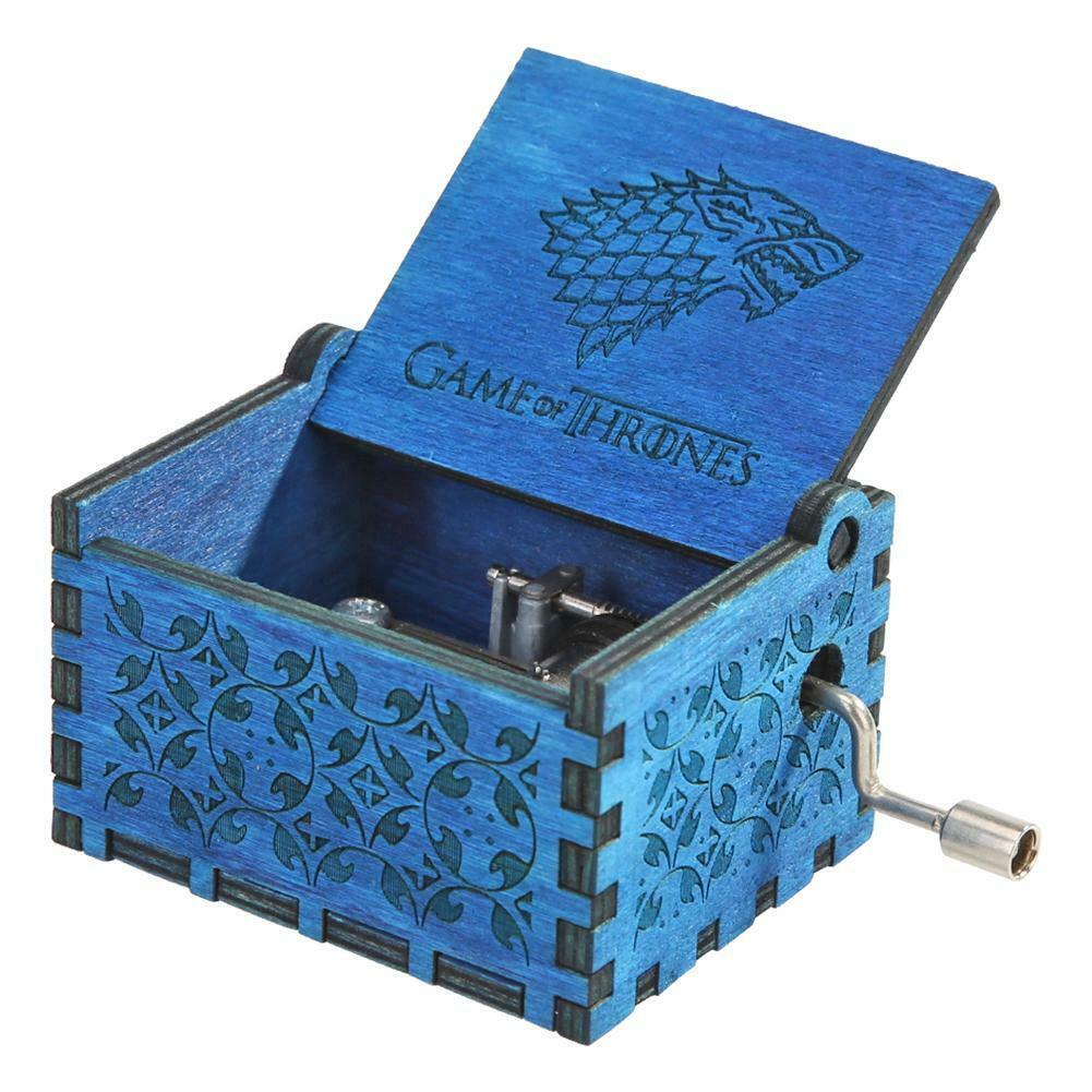 Retro Blue Wood Hand Cranked Music Box Child Xmas Gift Home Decor Ornament @