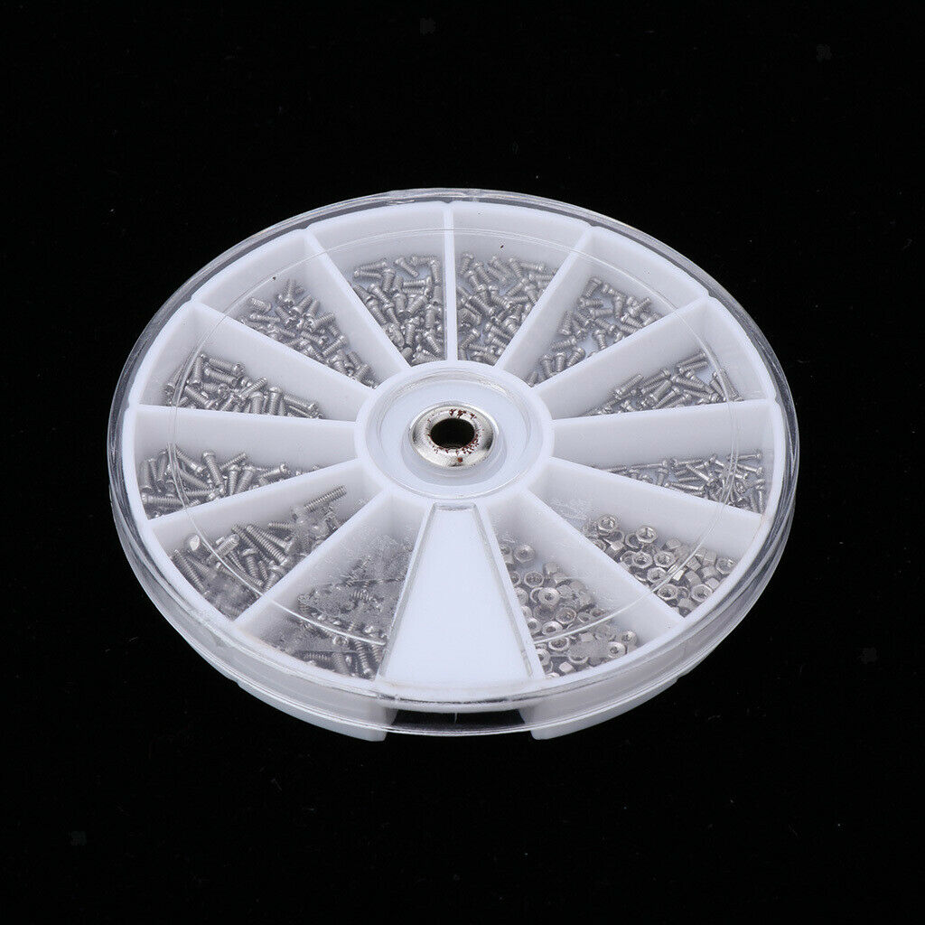 600pcs Tiny Glasses Screws Nuts Watch Repair Tool Kit in 12 Grids Round Box,