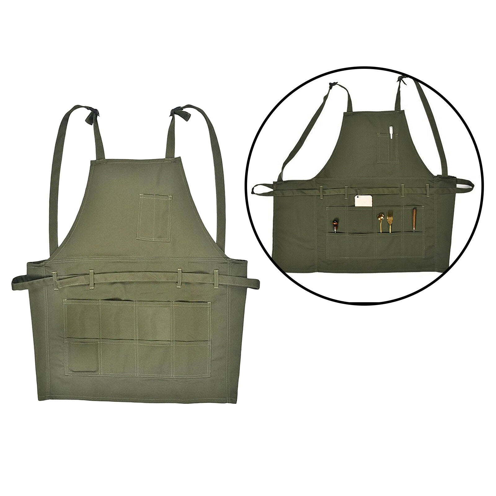 Unisex Canvas Apron for Women, Shoulder Straps and Pockets Design, Utility Shop