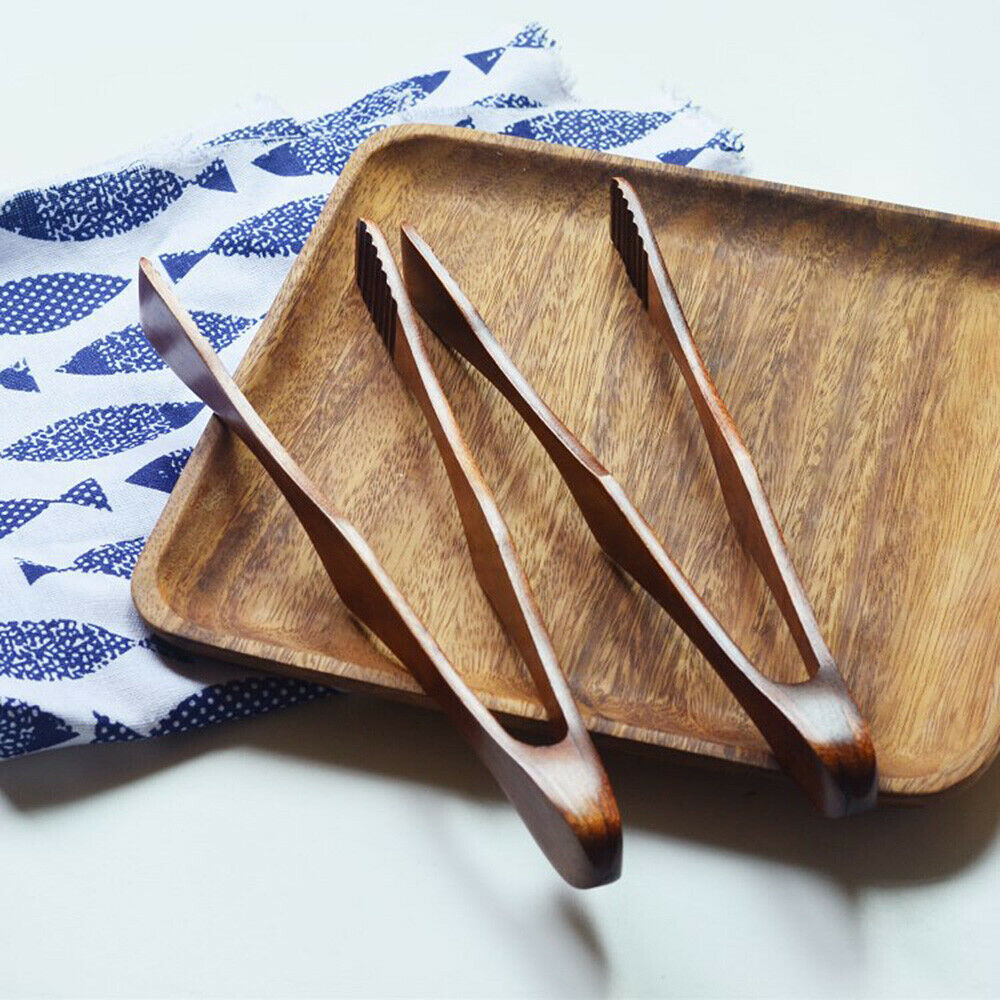 Wooden Toast Tong Cooking Salad Bacon Steak Bread Cake Clip Kitchen Utensil Tool