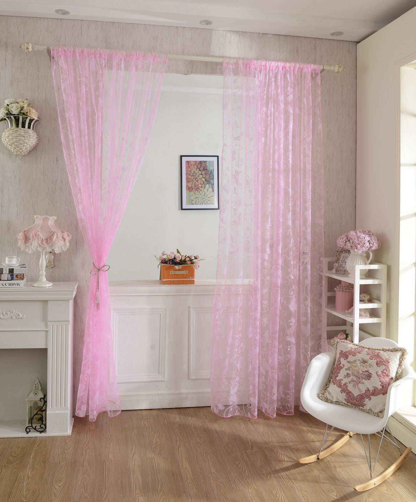 Floral & Butterfly Embroidered Sheer Curtains Rod Pocket Curtains for Girls Room