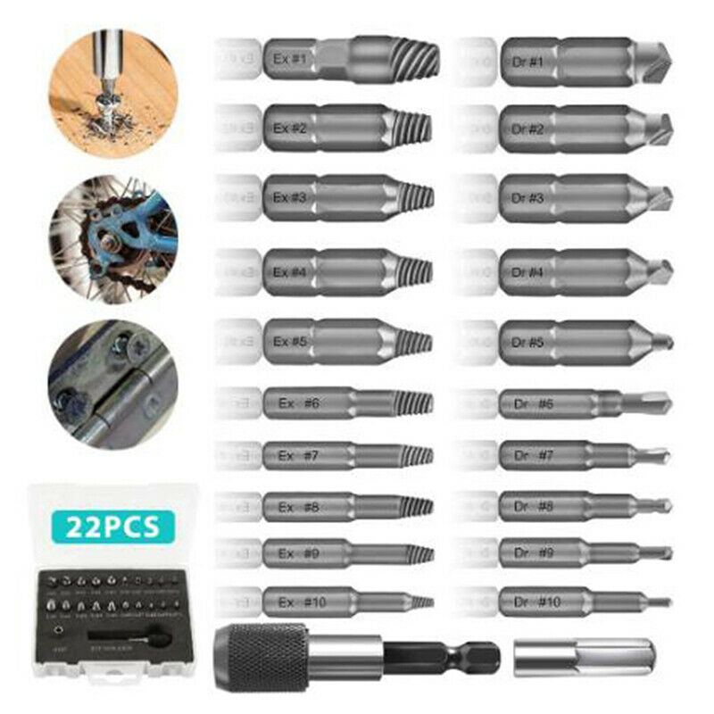 22Pc/set Damaged Screw Extractor Drill Bits Guide Set HSS Broken Speed OutL Pb