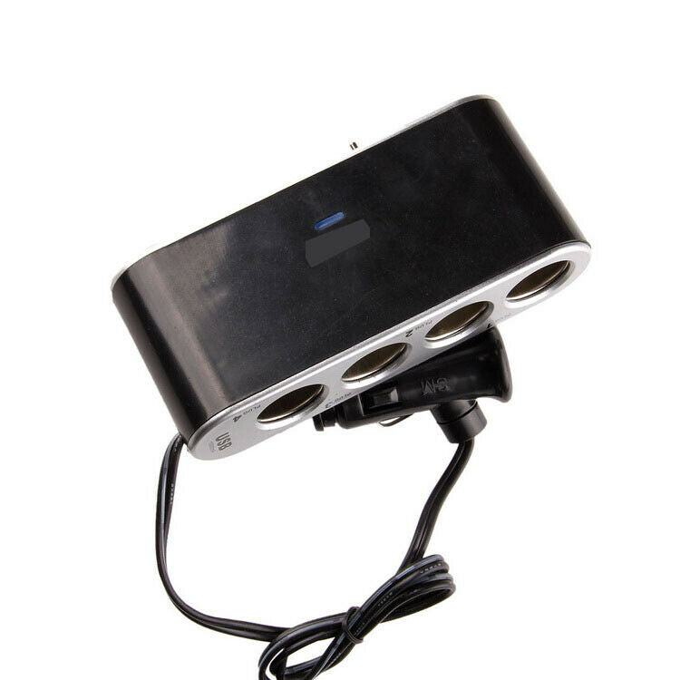 Black 4Way Sockets Cigarette Lighter USB Charger Splitter 12V Power Adapter Car