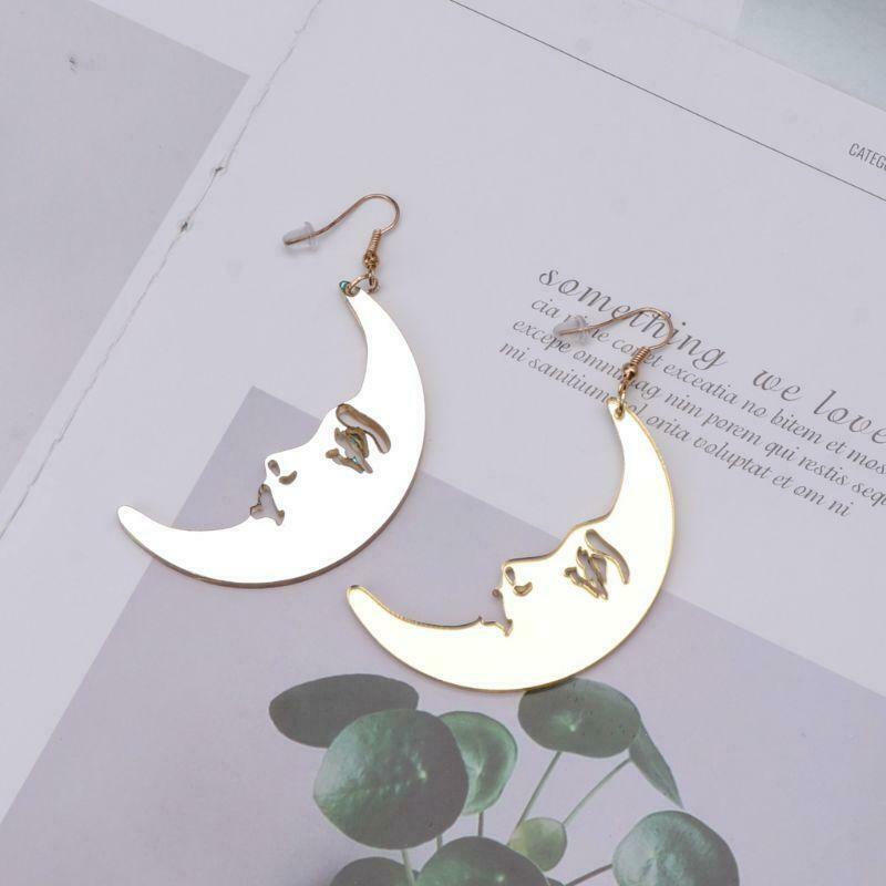 Mirror Acrylic Big Golden Moon Drop Earrings For Women Punk Exaggerated Jewelry