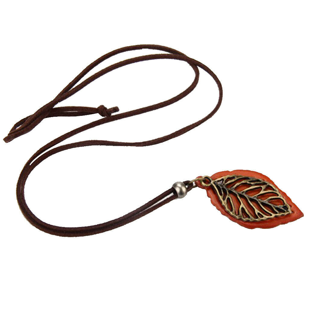 2 Pieces Women Leaves Leaf Pendant Necklace PU Leather Long Sweater Chain