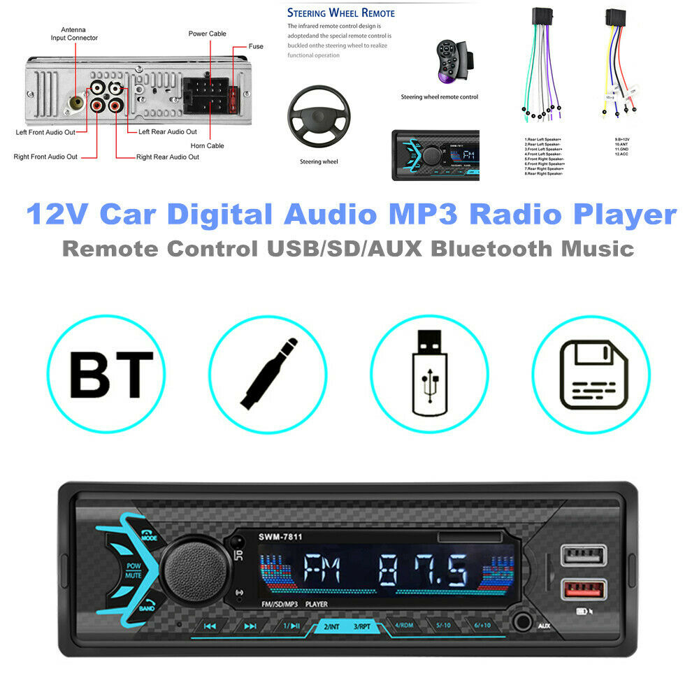 12V 1 Din Car Remote Control Digital Audio MP3 Radio Player USB/SD/AUX Bluetooth