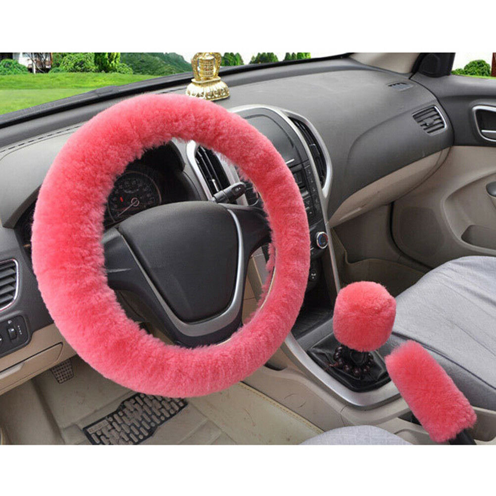 3Pcs/set Winter pink soft warm plush car steering wheel cover handbrake coversBD