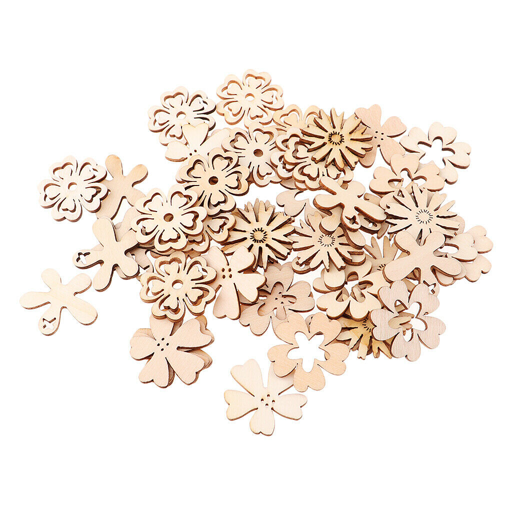 50pcs Chic Wood Buttons Cutout Flowers Shapes Wooden Craft DIY Scrapbooking