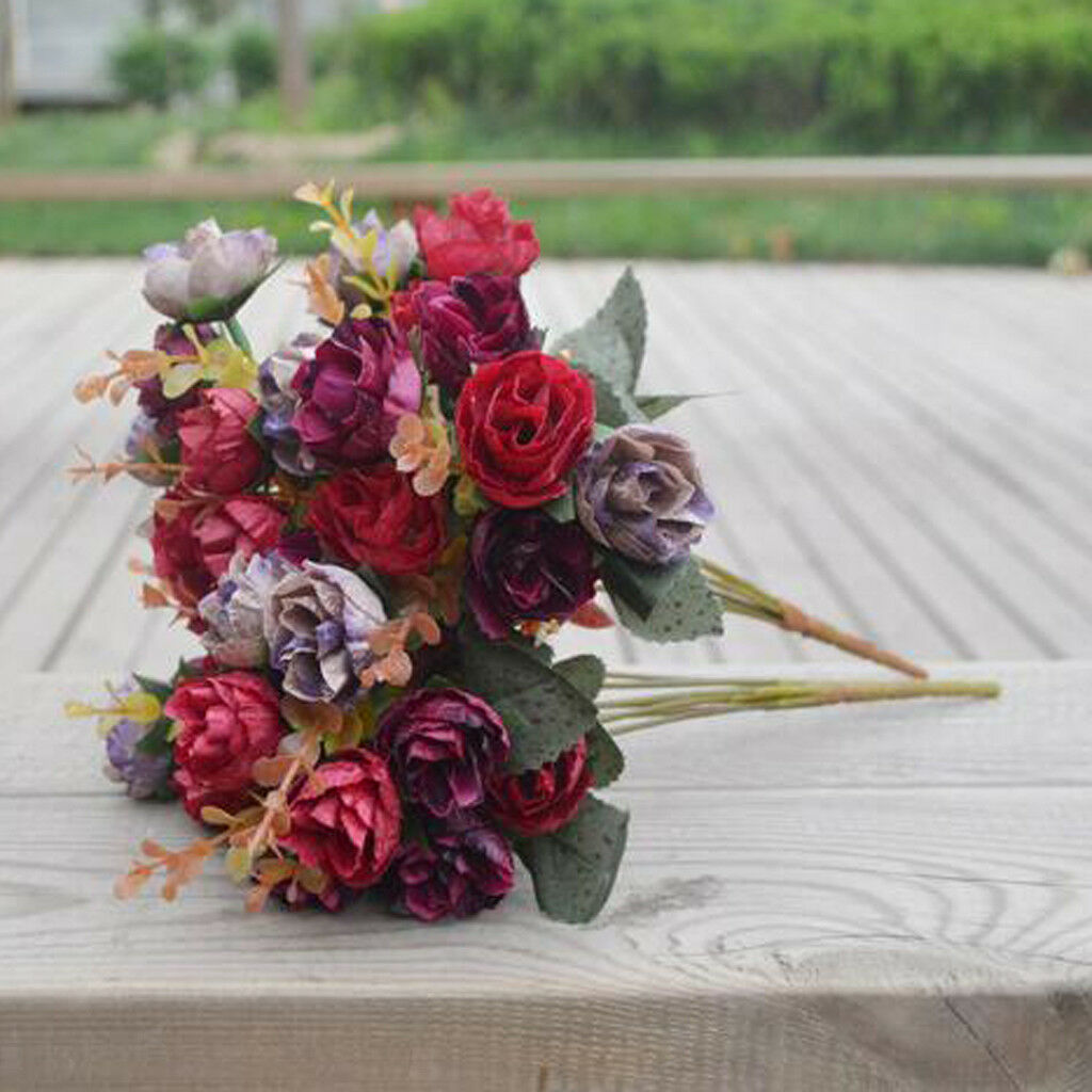 21-Head Silk Flower Artificial Rose Wedding Floral Bouquet Decor Dark Red