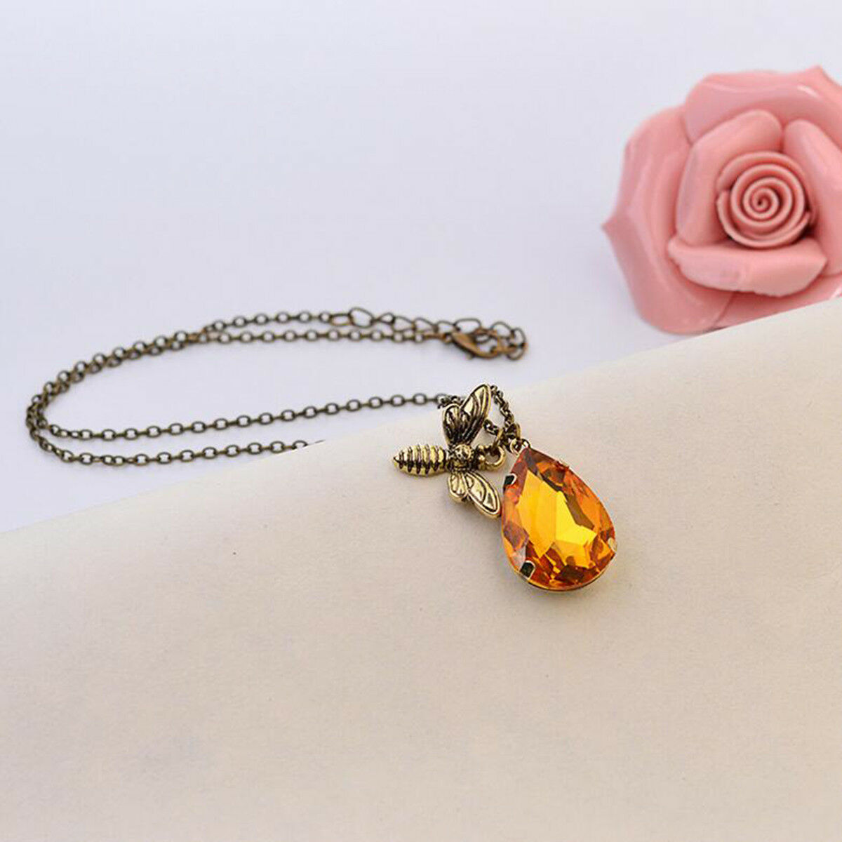 Sweet Bee And Honey Drop Necklace Brass Chain Bee Crystal Pendant Necklace Gift