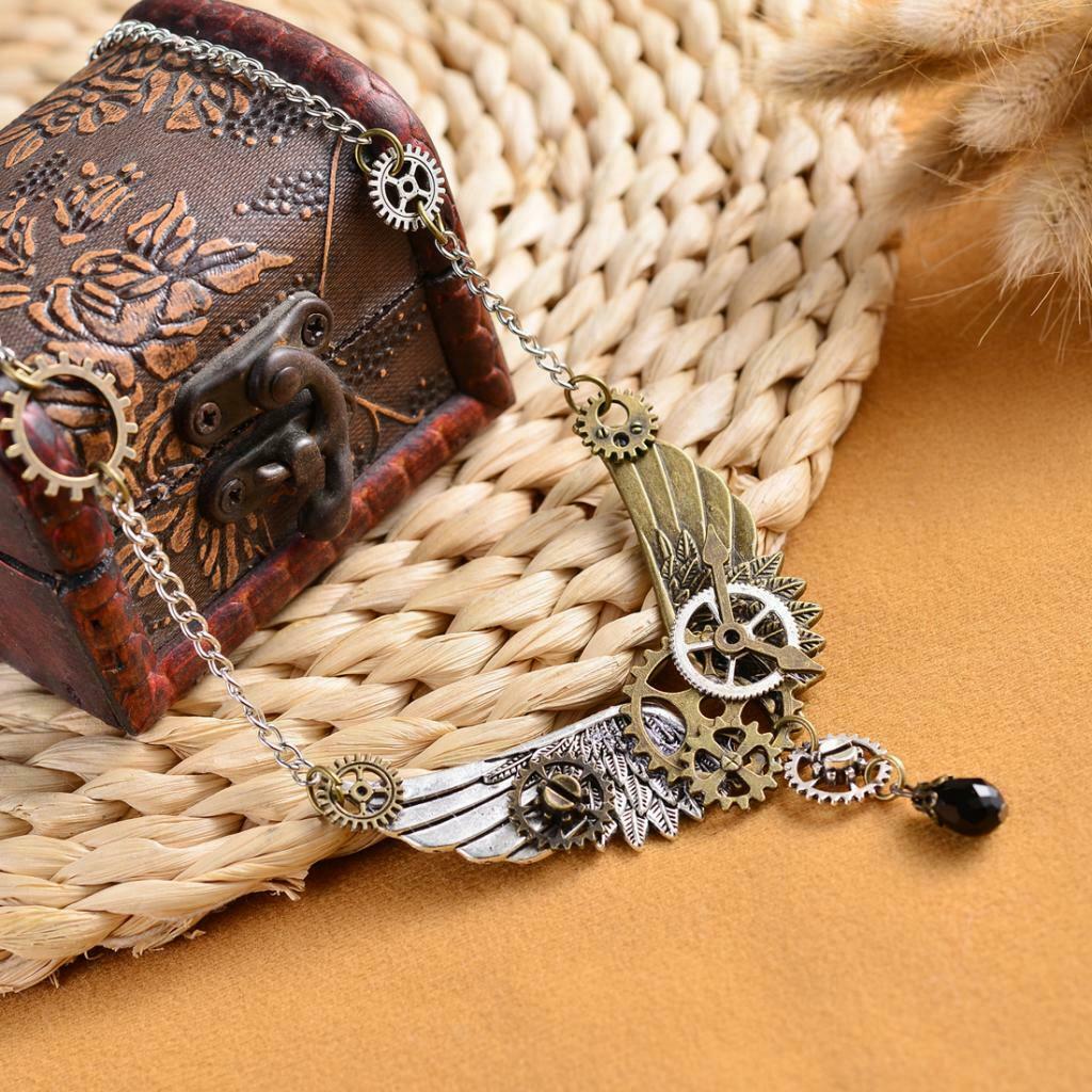Steampunk Gear Hour Hand Feather Wings Pendant Necklace Chain for Women Men