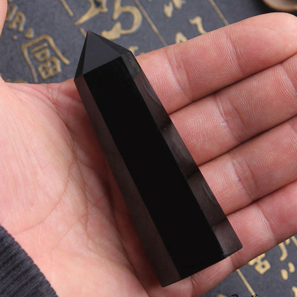 100% Natural Obsidian Black Quartz Crystal Stone Healing Point Hexagonal Wand US