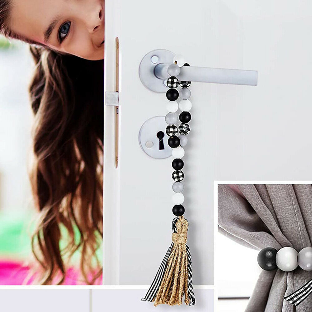 3PCS Black&White Plaid Wood Bead Garland with Tassel Home Bed Hanging Decor