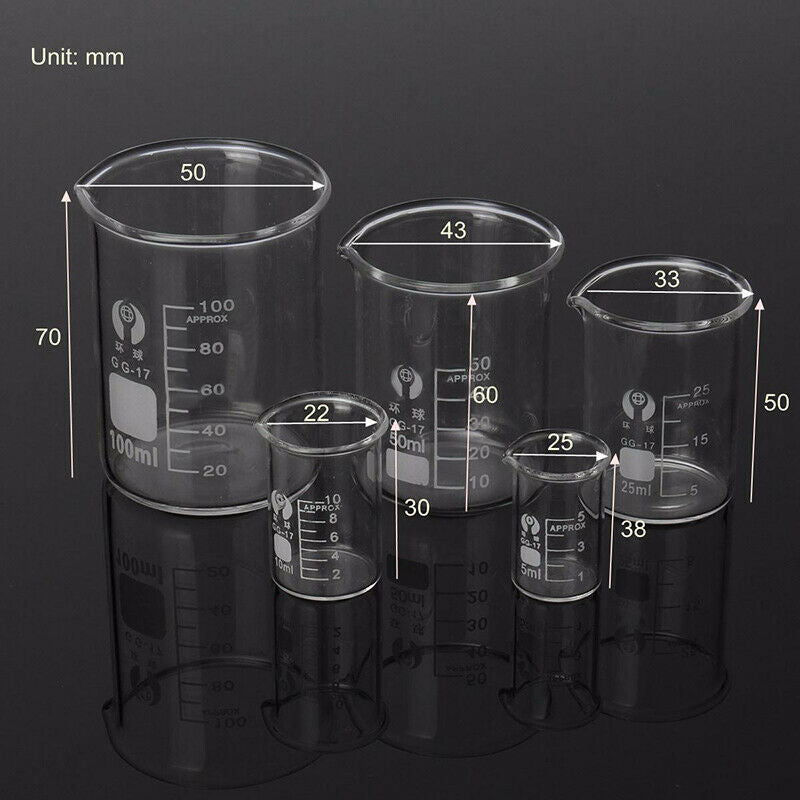 5Pcs/set Glass Beaker Laboratory Chemistry Lab Measuring Glassware Volumetric