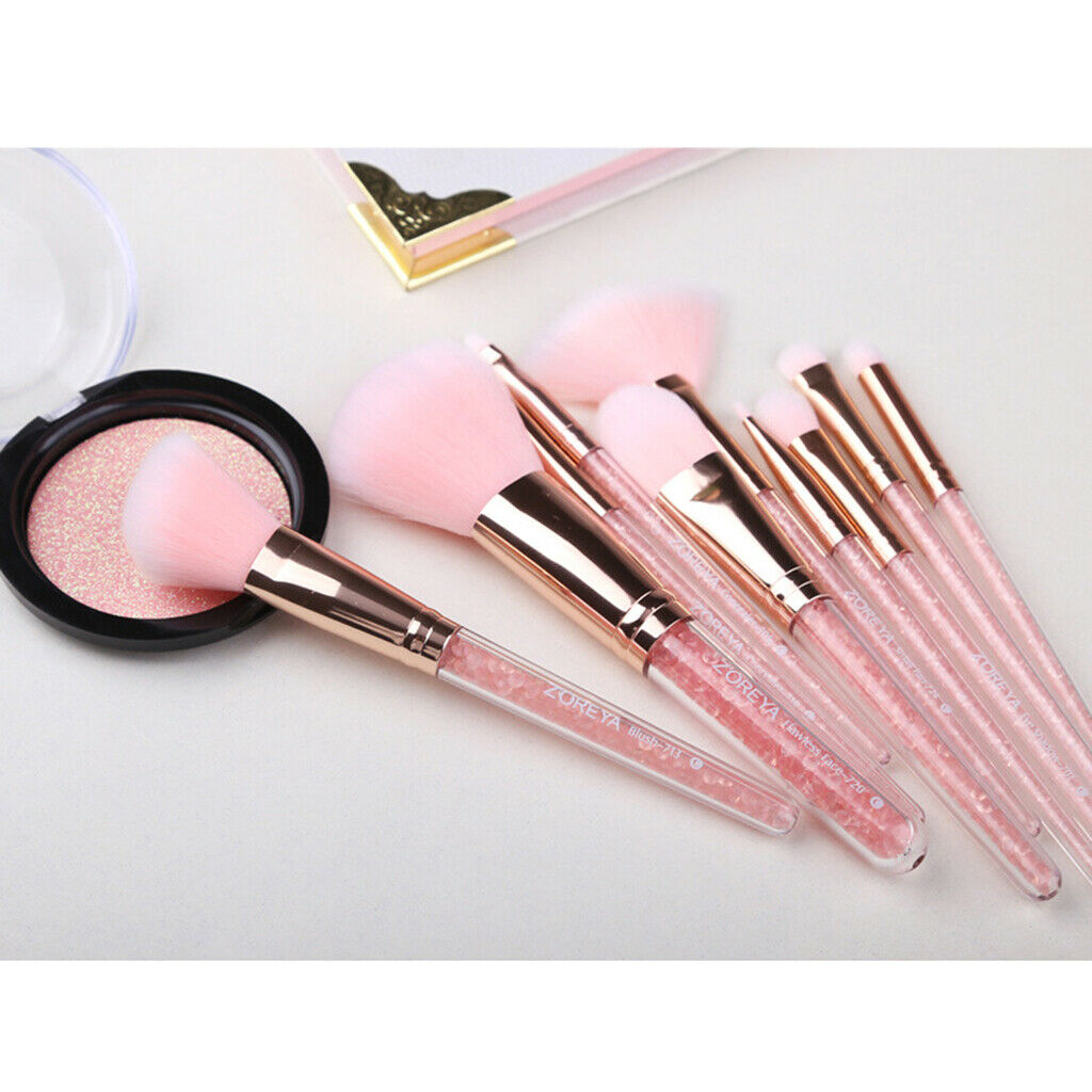10Pcs Makeup Brushes, Acrylic Pink Rhinestone Handle, Professional Premium