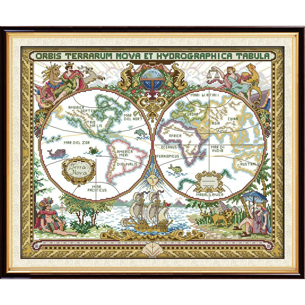 14CT 51x42cm Old World Map Stamped Cross Stitch Kit Needlework for Beginners