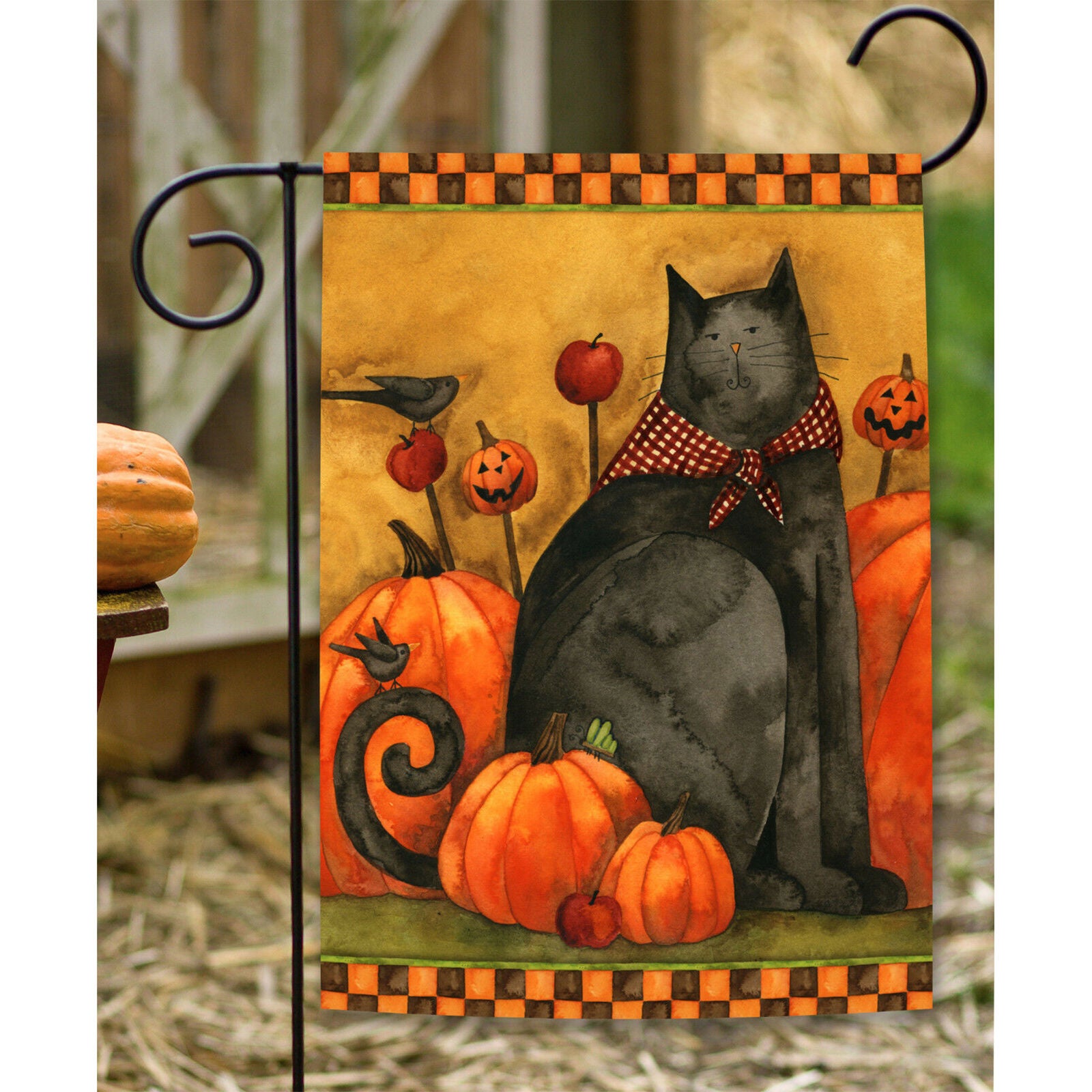 Toland Folk Cat 12.5 x 18 Fall Autumn Pumpkin Rustic Halloween Garden Flag