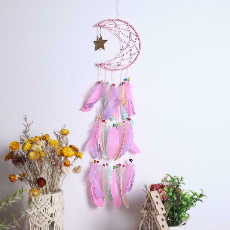 Moon Star Dream Catcher with Feather Handmade Dreamcatcher for Boho Wall Hanging