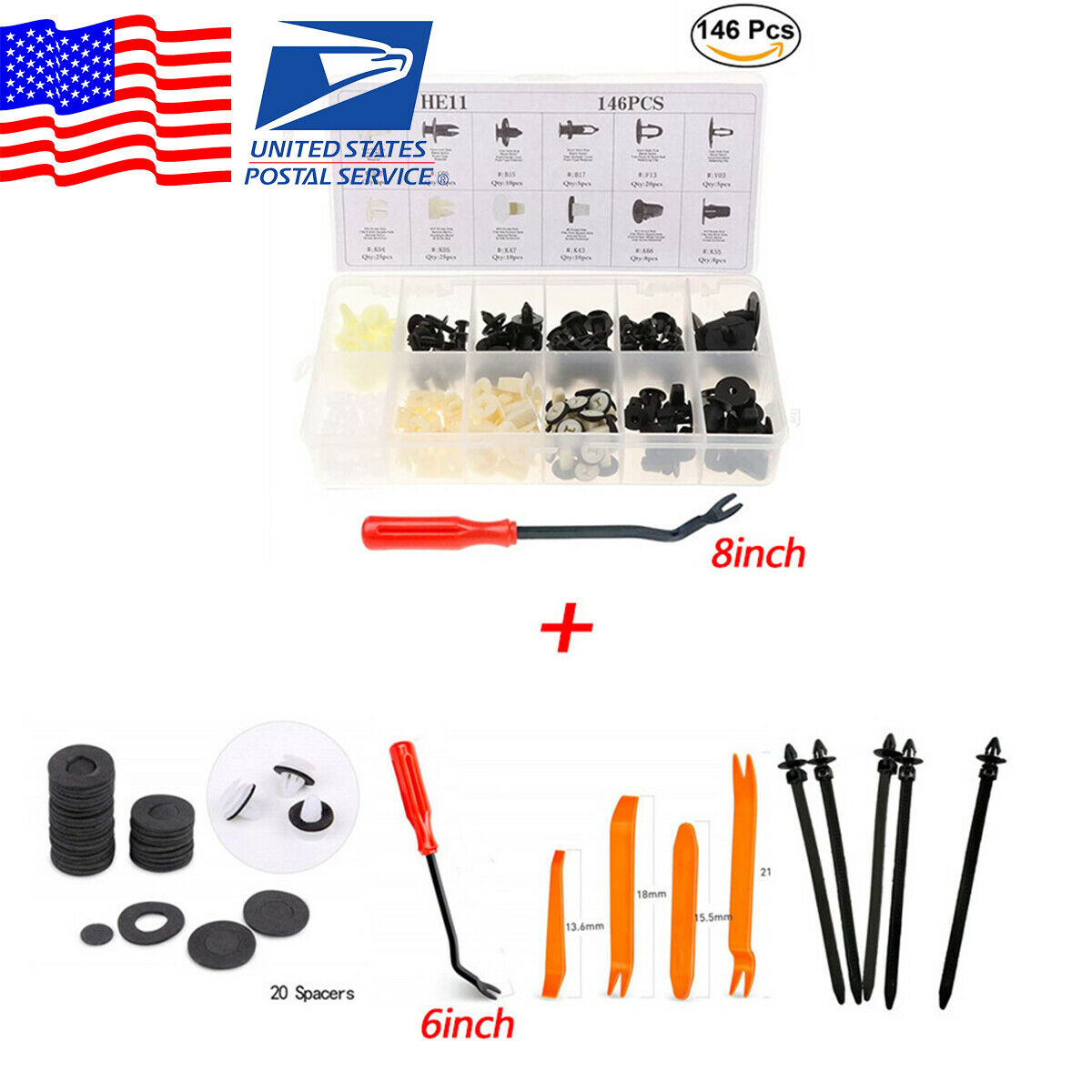 30PCS Removal Tool + 146PCS Plastic Fender Bumper Push Pin Clamp Rivet Fastener