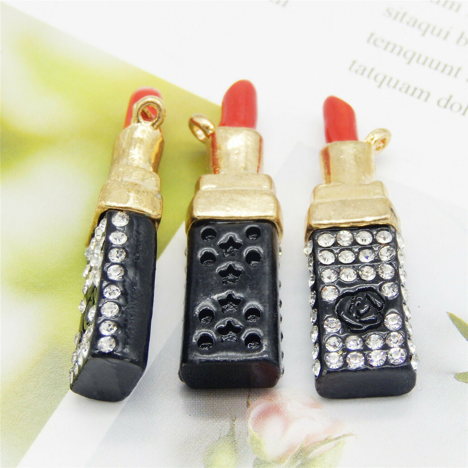 3 pcs Enamel Lipstick Metal Crystal Pendant Charm DIY Jewelry Findings 37x11mm